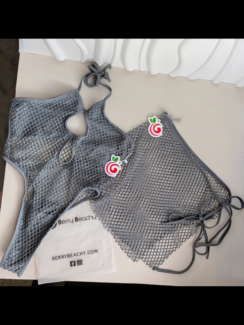 NWT Berry Beachy Tulum Gray Fishnet One Piece & Matching Cover Up Skirt Set Sz S